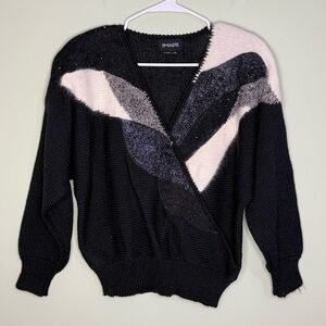 Vintage Imari crossover knit angora iridescent beaded shoulder pads black white